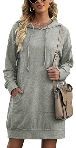 Migcaput Hoodie Damen Langarm Kleid Sweatkleid Kapuzenpullover Oversize Sweatshirts Casual Minikleid für Damen mit Taschen Dunkelgrau M