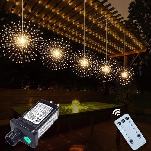 SHUKAN 5 Pcs 1000 LED Plug-in Starburst Sphere Lights, Firework Light 8 Modes Dimmable Remote Control Waterproof Hanging Fairy Light, Copper Wire Lights for Patio Party Tent Christmas (Warm White)