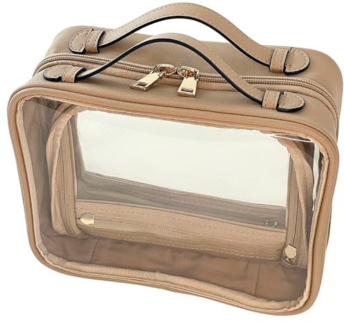 JAZD Clear Makeup Bag Toiletry Bag for Women Cosmetic Case Large Capacity Travel Make Up Bag Organizer Transparent Storage Compartment TSA Approved (BEIGE)