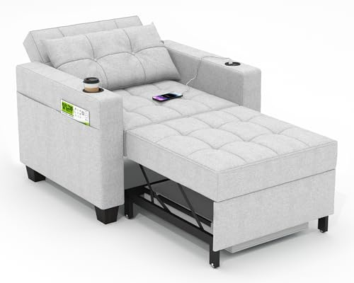 DURASPACE 3 in 1 Single Sofa Bed, Convertible Sleeper Chair with Adjustable Backrest, USB & Storage, Side Pockets, Fold Out Single Chair Bed for Living Room Light Grey