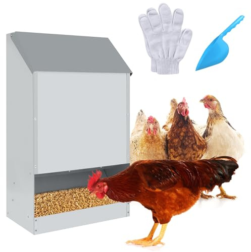 UISEBRT Feedomatic - Comedero automático para gallinas de 50 libras, acero inoxidable con tapa, comedero para pollos, pavos, gansos, patos
