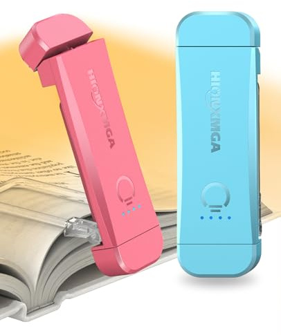 HIONXMGA USB Rechargeable Book Light,2 Pack Eye Caring Reading Light Clip on Book, 3 Colours & Stepless Dimming, Portable & Flexible,Perfect for Booklovers and Kids-Blue+Pink