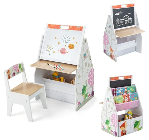 GOPLUS 4 en 1 Caballete y Estación de Juegos para Niños con Silla, Juego de Mesa y Silla para Niños con Pizarra Magnética y Pizarra Blanca Giratoria de Doble Cara, 50 x 50 x 85 cm (Blanco)