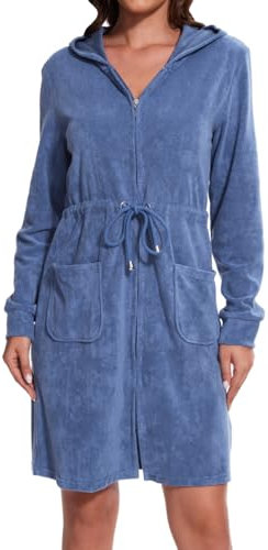 Mnamo Eleganter Damen Bademantel mit Kapuze und Reißverschluss aus Frottee Kurz und Leicht Jeansblau