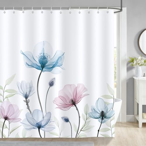Bonhause Duschvorhang Rosa Blau Aquarell Blumen Bunte Wildblumen Duschvorhänge 180 x 180 cm Anti-Schimmel Wasserdicht Polyester Stoff Waschbar Bad Vorhäng für Badzimmer mit 12 Haken