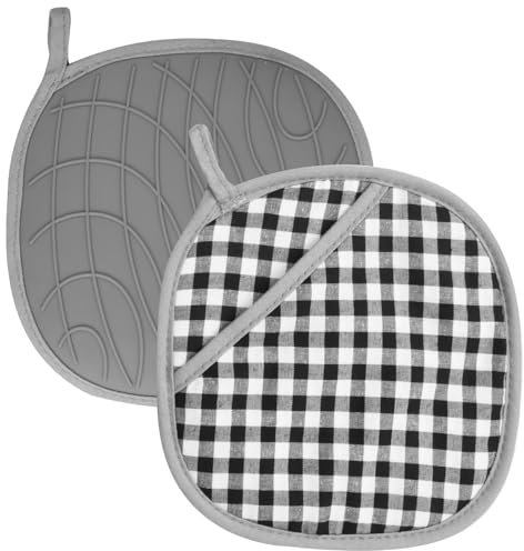 Litinliv Set di 2 Presine da Cucina per Cottura, Guanti da Forno in Cotone e Silicone, Presine in Silicone, Guanti da forno Resistenti al Calore, per Cucinare Aiuto da Cucina, 20,5 x 20,5 cm (Grigio)