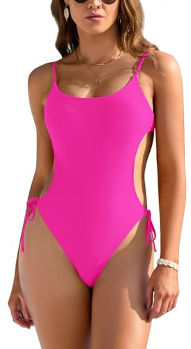 SHEKINI One Piece Swimsuit for Women Sexy High Cut Bathing Suit Scoop Neck Ties Vintage Adjustable Padded Backless Monokini Beach Swimwear Summer, Fluorescent Pink, L