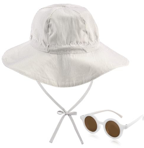 SREBIWO Baby Sonnenhut und Sonnenbrille, 52 cm Sommerhut Kleinkind Unisex mit Verstellbarem Bindebändern und Breite Krempe Verstellbarer Faltbare Baumwolle Atmungsaktiver Strandhut
