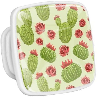 lcndlsoe Cactus Green Pattern Red Paint 4 PCS Crystal Glass Cabinet Knobs, Square Drawer Kitchen Cabinets Dresser Cupboard Wardrobe Pulls Handle - Glowing in The Dark