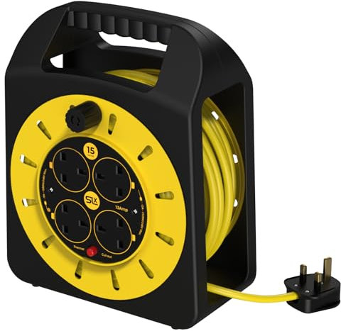 SLx Extension Lead 15m 4 Socket Extension Reel, Heavy Duty Extension Cable Thermal Cut Out Extension Lead for Garden Lawn Mower Office 13A Fused UK Plug