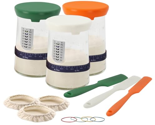 surebuy 500ml/17oz Sourdough Starter Jar Kit with Lid Set 3 Silicone Scraper Cloth Cover Thermometer Sourdough Baking Flour Jar