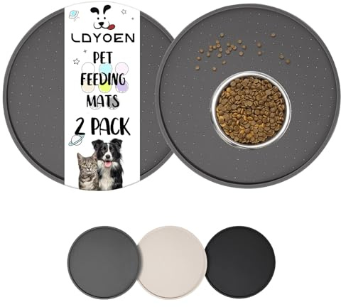 LDYOEN 2 Piezas Alfombras para Comederos Perros y Gatos, Alfombrilla para Comedero Impermeable, Borde Elevado para Evitar Que Se derrame Agua o Alimentos, Fácil de Limpiar, 30 x 30cm, Gris