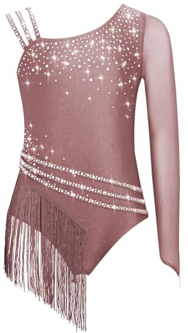 Yiesvsov Maillot De Gymnastique Pailleté Pour Filles Avec Franges Justaucorps À Une Épaule Manches Longues Tenue De Ballet Body Gym Justaucorps Compétition Rose poudré 9-10 ans