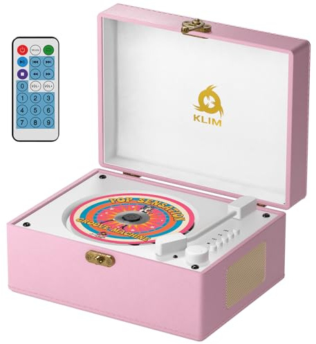 KLIM Retro CD Player – Lecteur CD Vintage avec Enceintes, récepteur Bluetooth, AUX, USB, Batterie Rechargeable, Design Platine Vinyle, Poste Audio décoratif Compact – Rose