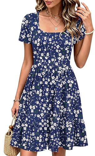 WNEEDU Femmes Robe D'été Manches Courtes Décontracté T-Shirt Robe de Plage Ourlet Plissé avec Poches