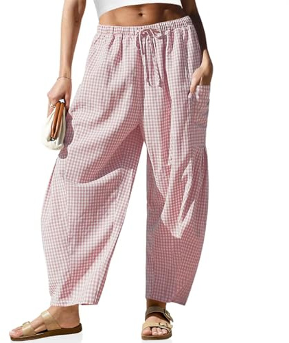 Anuedgis Women's Gingham Check Harem Pants High Waist Drawstring Beach Trousers with Pockets Summer Loungewear