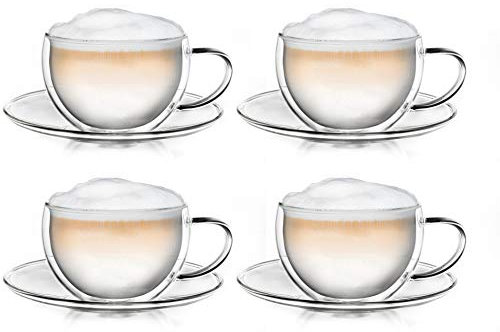 Creano Thermo-Tasse doppelwandige Tee-/Latte Macchiato Cappuccino Tasse mit Untersetzer 250ml, 4er Set