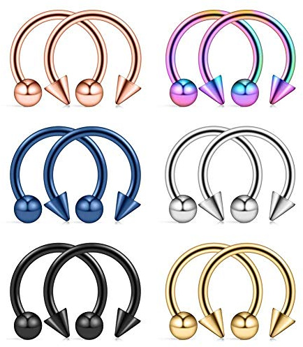 Crdifu 12 piezas Acero inoxidable 14 Gauge Anillo de nariz de herradura Aro Circular Barbell Septum Piercing de labios Joyería