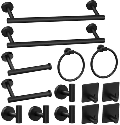 14-Pieces Matte Black Bathroom Accessories Set, Stainless Steel Bathroom Hardware Set, Bath Towel Bar Set, Towel Racks for Bathroom Wall Mounted.