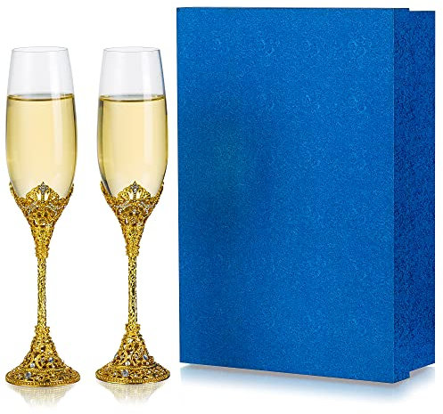 Inweder Sektgläser Gold Champagner Gläser - 2er Set Champagnergläser Kreativer Metallsockel mit Kristallen Personalisierte Weingläser Verlobung Hochzeits Geschenke für Braut Bräutigam Jahrestag