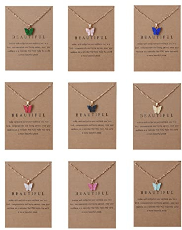 Rrdaily 9 Pcs Dainty Colorful Butterfly Pendant Necklace Set for Women,Bohemian Acrylic Butterfly Chain Necklace Cute Jewelry Gift (Style#B-gold card)