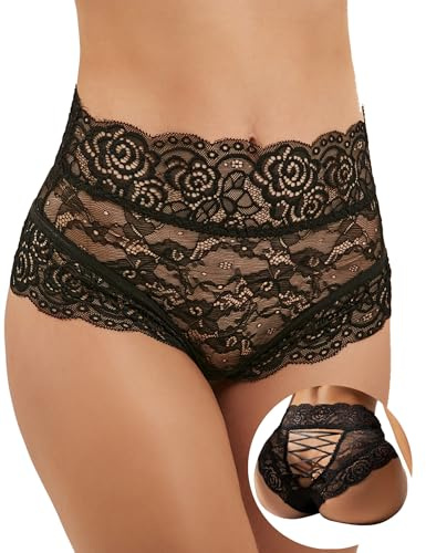 ohmydear Women's High Waisted French Knickers Lace Bikini Panties Plus Size | Plus Size Lingerie Uk 8-22, Soft Mesh Black Underwear, Criss Cross Sexy Ladies Briefs, Ice Silk & Lace, Cotton Crotch