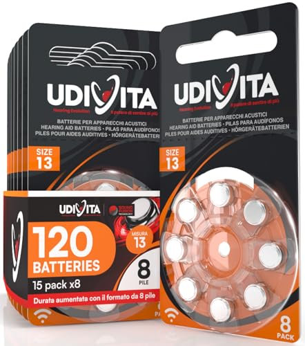 120 Pile Udivita per Apparecchi Acustici Misura 13 PR48 (Arancioni - Zinco Aria) con Phono Pulse Technology - 15 Blister da 8 Batterie