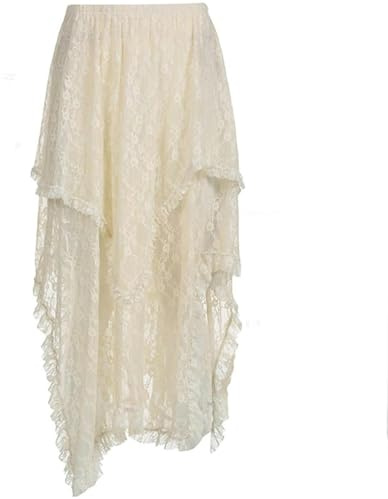 Gyios Falda Larga Beige Boho De Encaje Asimétrico Midi Falda Femenina De La Cintura Baja De La Cintura A La Línea De Verano De Verano-White-s