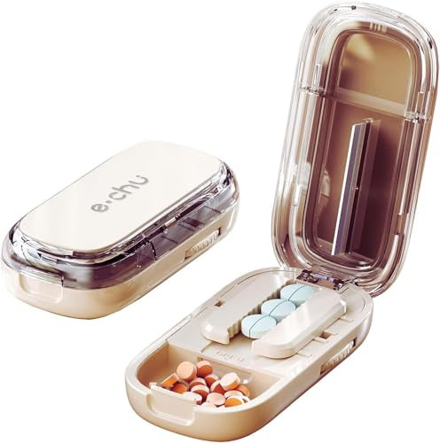 Zikenis Taglia Pillole, Tagliapillole multiplo, per compresse piccole e grandi, Tagliapillole con scomparto portaoggetti, per viaggi e animali domestici, Uso quotidiano (off white)