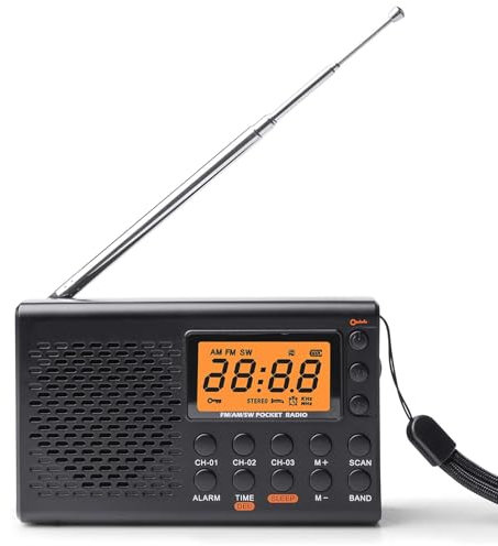 Radio Dab Portable, avec Casque, AM/FM, SW, écran LCD, Fonctionne sur Batterie, Alarme, minuterie de Mise en Veille, 36 préréglages pour la Cuisine, Le Camping, l'extérieur et Les urgences (Noir)