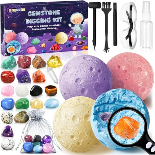 MZJAUVF Kit de Excavación de Piedras Preciosas, Minerales para Niños, 20 Piedras y Cristales Naturales, Sistema Solar, Planetas, Cavando la Luna, Juguetes Educativos de Ciencias para Niños 6-10Años