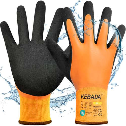 Kebada Gants de Travail Hiver pour Hommes et Femmes, Imperméables, grip renforcé latex, isolants thermiques, doublure chaude, sécurité congélateur, entrepôt, pêche, jardinage, 1 Paire, Taille 9/L