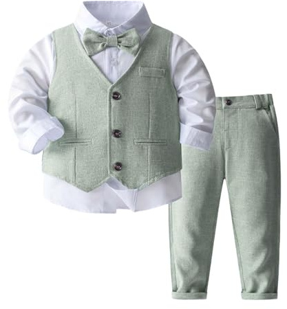 Generisch Vêtements pour bébé garçon - Costume pour enfant - Smoking Gentleman - Tenue formelle - Chemise + gilet + pantalon - Ensembles de costume pour bébé (vert clair, 2-3 ans)