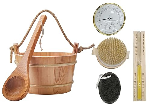 Guiyint Kit d'accessoires de sauna 5 pièces avec seau et louche en bois de pin fait à la main avec thermo-hygromètre et sablier – Remplacement pour les ensembles de sauna traditionnels, modèle