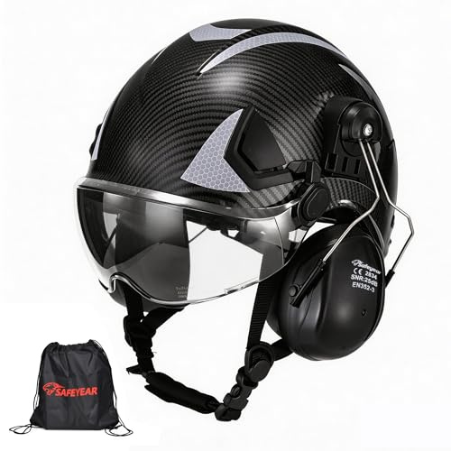 Safeyear Casco de Obra Homologado EN397 para Construcción, Casco de Seguridad con Orejeras Antiruido SNR 25dB y Visera Facial para Motosierra y Desbrozadora, Casco de Trabajo ABS