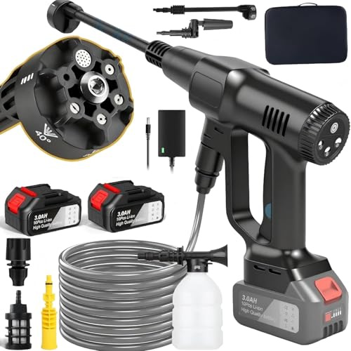 Hidrolimpiadora de Batería 100Bar, Hidrolimpiadora de Alta Presion con 6,0Ah Bateria, Boquilla 6 en 1, 3 Niveles de Presión de 60/80/100 Bar, Limpiador a Presión Portátil para Coche y Jardín (Negro)