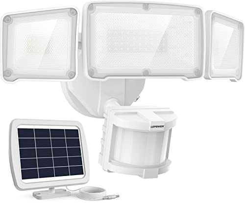 LEPOWER 1600LM LED Solar Security Lights Motion Outdoor, Motion Sensor Light, 5500K White Light, IP65 Waterproof Outdoor Flood Solar Light with 3 Adjustable Head for Yard, Garage（White）