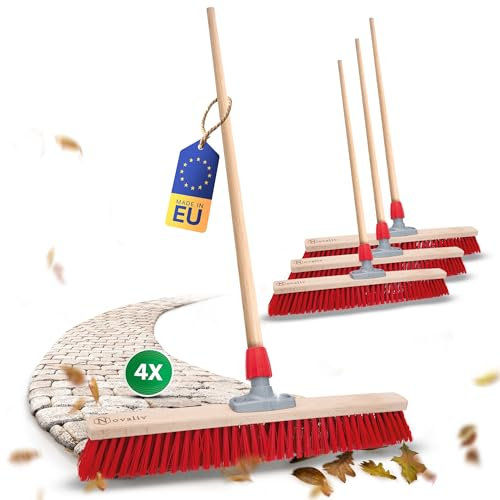Novaliv Lot de 4 balais de rue 80 cm avec manche en bois I Elaston rouge I Balai pour extérieur I Balai industriel Balai de jardin avec manche Fouet à neige Fouet multi-usages Balai d'hiver