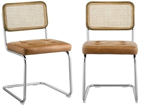 Zouron Esszimmerstühle 2er Set, Rahmen aus Echt Eichenholz, Kunstleder Küchenstuhl Freischwinger Stühle Besucherstuhl Polsterstuhl, Rattan geflochtene Rückenlehne, Chrom Metallbeine (Gelbbraun)