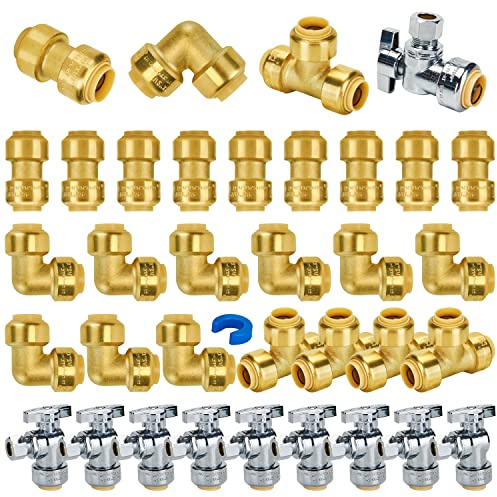 SUNGATOR Push Plumbing Fitting Kit 1/2 Inch, 10 Each Straight Coupling, Elbow, Angle Shut Off Valve, Tee (5 PCS), No Lead Brass Push to Connect Pex Pipe,Copper,CPVC, with 1 Disconnect Clip, Pack of 35