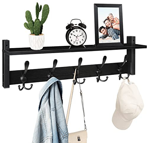 Homode Coat Rack with Shelf, 24 Coat Hooks Wall Mounted with Shelf, Wooden Hanging Coat Hanger with Tri Hooks for Entryway, Bathroom, Mudroom, Bedroom, Black
