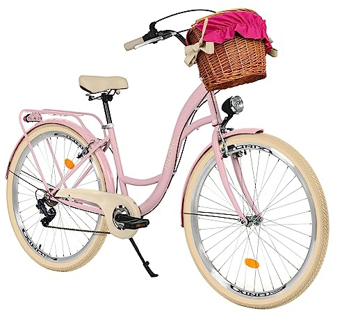 Milord Comfort - Bicicletta da donna con cestino in vimini, stile olandese, da città, vintage, 26 pollici, rosa crema, cambio a 7 marce