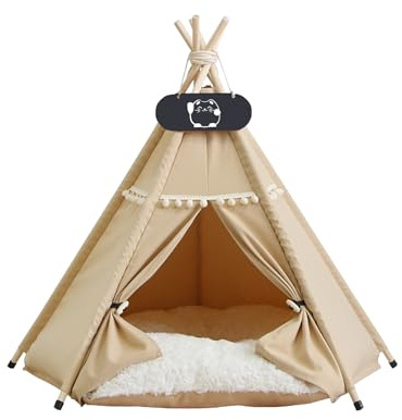 Whiwhi Tienda de campaña tipi para mascotas con cojín de doble cara, tienda de campaña para perros desmontable y lavable, lujosa cueva para perros, tienda de campaña para gatos y casas para mascotas