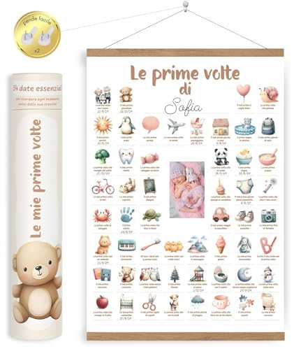 HuBorns - Poster Le Mie Prime Volte per Seguire le Tappe Fondamentali del Neonato, Regalo Neonato Maschio e Femmina, Decorazione Cameretta, Include Strisce di Legno per Appendere e Spazio per Foto