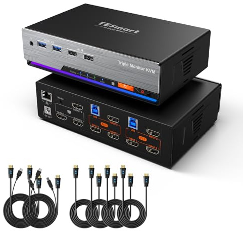 TESmart Conmutador KVM HDMI 2 PC 3 Monitores, Switch KVM Triple Monitor 4K@60Hz con Visualización Simultánea, HUB USB 3.0 de 5Gbps, Puerto LAN, Emulación EDID, Audio de 3.5mm y Control por Hotkeys