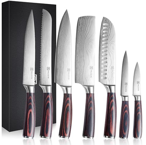 PAUDIN Knife Set, 7-Piece Kitchen Knives Set with High Carbon Stainless Steel, Professional Japanese Knife Set with Pakkawood Handle, Kitchen Knives with Gift Box