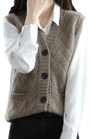 Gilet da donna lavorato a maglia Maglioni morbidi senza maniche Giacca in maglia Cappotto in cashmere con tasche Gilet morbido, Marrone e grigio., Taglia unica