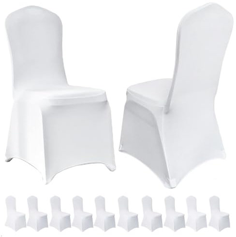 hicoosee Fundas para Sillas de Boda, Pack de 10 Poliéster Blanco Spandex Elástico Funda, Lavables Desmontables Cubiertas para Bodas, Fiestas, Comidas y Banquetes, Blanco