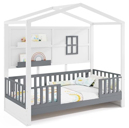 COSTWAY Hausbett 90x200 cm, Kinderbett mit Rausfallschutz und 2 Regalen, Holzbett in Hausform mit Fenster & Lattenrost, Montessori-Bodenbett, Weiß + Grau