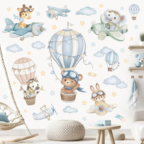 wondever Adesivi Murali Bambini Mongolfiera Animali Sticker da Muro Aereo Orso Elefante Giraffa Adesivi da Parete per Camera Bambini Camerette Asilo Nido